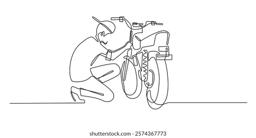 continuous line of man repairing motorbike.one line drawing of motorbike technician.single line of motorbike mechanic.isolated white background