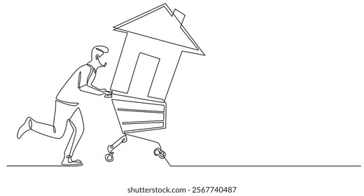 continuous line of man running carrying a trolley containing a house.one line drawing of buying a house.real etstate business,property business.single line vector illustration.isolated white backgroun