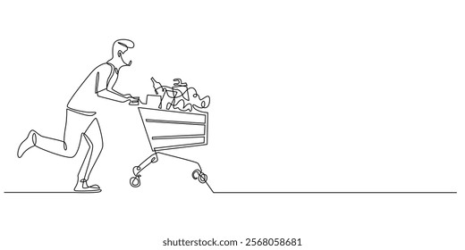 continuous line of man running with full trolley.one line drawing of man running shopping in supermarket.simple single line vector illustration black friday