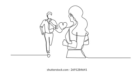 continuous line of a man running towards a woman.symbolizing love.Perfect for romantic concepts, reunions, or heartfelt moments.