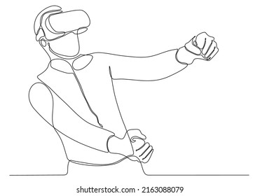 continuous line Man screaming and holding steering wheel of imaginary virtual car while standing on white background