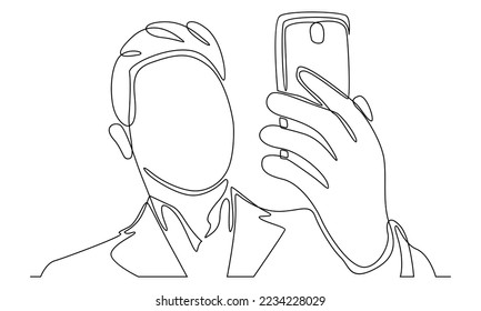 continuous line of man shooting video on his mobile phone