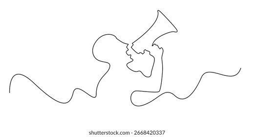 Continuous line man shouting with megaphone, minimalist one line drawing symbolizing announcement, protest, marketing, and communication, perfect for campaign, promotion, or creative design projects