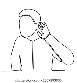 Continuous line of a man smiling and his hands touching his ears and showing that he didn't hear anything