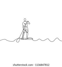 Continuous line man standing on paddle board. Vector illustration.