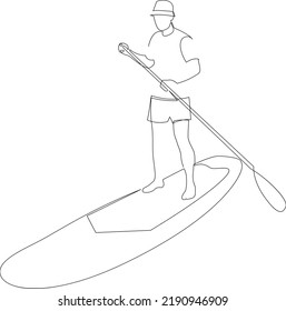 Continuous line man standing on paddle board. Vector illustration.