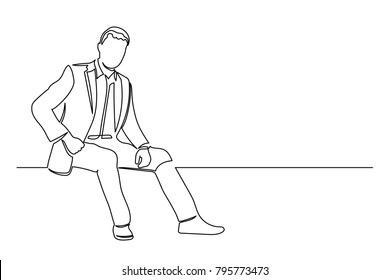 continuous line A man in a suit is sitting dangling his legs from the line. Drawing by hand. Black line on a white background.