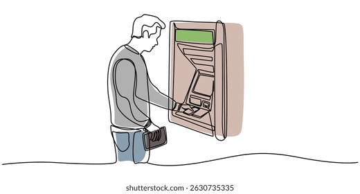 continuous line of man taking money from the ATM, Continuous line of man taking money from the ATM, Handsome man taking money from the ATM. Professional illustration isolated on white background.