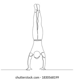 Continuous line of man upside down. Yoga exercise vector. Hands standing pose.