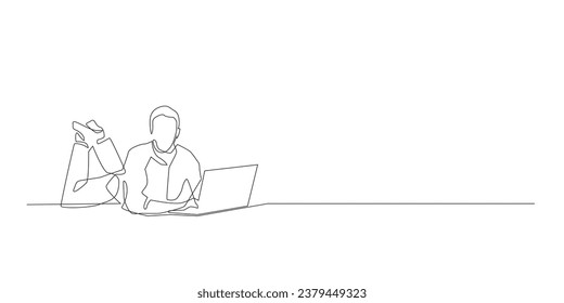 continuous line of man using laptop by lying on the floor.vector single line of man working by lying down