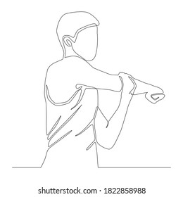 Continuous  line of man in vest stretching his arm. stretching exercise single line vector.