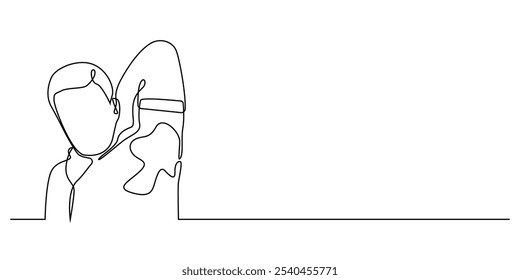 continuous line of man with wet armpit.one line drawing of man with bad body odor.single line of man's body odor problem.isolated white background