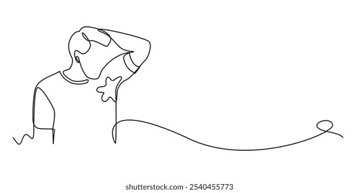 continuous line of man with wet armpit.one line drawing of man with bad body odor.single line of man's body odor problem.isolated white background