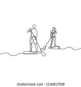 Continuous line man and woman doing paddle boarding