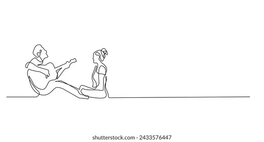 continuous line of man and woman playing guitar.single line of romantic couple.man playing guitar outdoors with lover in one line vector drawing