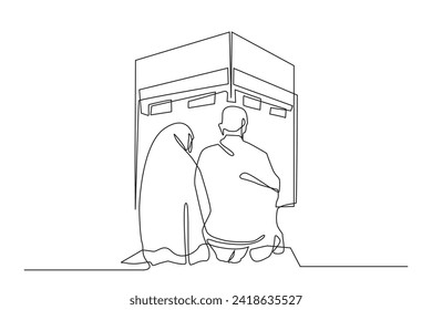 continuous line of man and woman praying at the kaaba.single line art of a muslim couple praying in front of the kaaba during the hajj pilgrimage