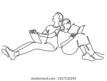 continuous line of man and woman sitting supine and reading book vector illustration