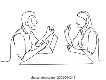 continuous line man and woman talking to each other vector illustration