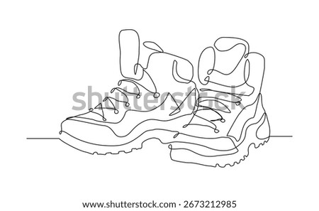 Continuous line of man work or hiking boots. Single one line drawing editable stroke of safety hiking boots. Vector illustration
