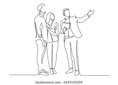 continuous line of marketing agent.single line of marketing man communicating guiding potential buyers.husband and wife communicating with marketing one line drawing