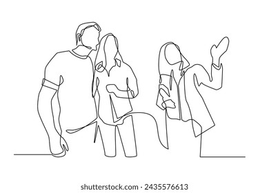 continuous line of marketing women. single line of marketing woman communicating guiding potential buyers. husband and wife communicate with marketing one line drawing