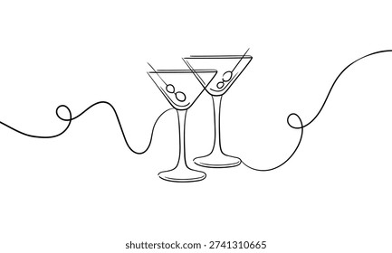 Continuous line martini glasses cheers one line art, continuous drawing contour. Hands toasting with martini glasses with drinks. Cheers toast festive decoration for holidays. Vector illustration