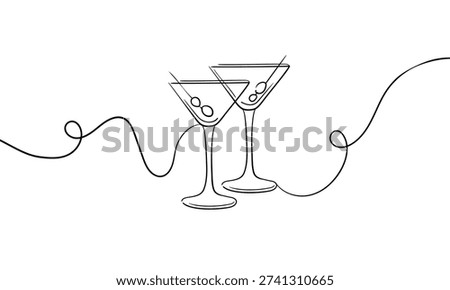 Continuous line martini glasses cheers one line art, continuous drawing contour. Hands toasting with martini glasses with drinks. Cheers toast festive decoration for holidays. Vector illustration