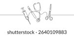 Continuous line, medical instruments, syringe, stethoscope, scalpel, surgical scissors Vector art lines, transparent background.