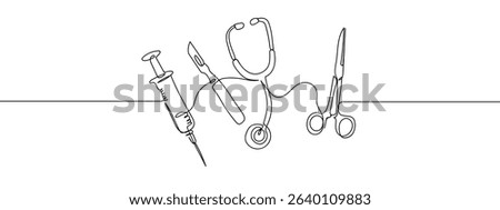 Continuous line, medical instruments, syringe, stethoscope, scalpel, surgical scissors Vector art lines, transparent background.