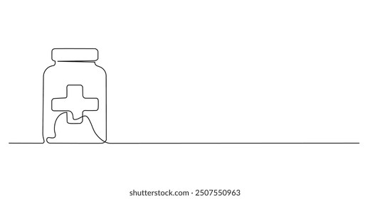 Línea continua de botellas de medicina. Dibujo de una línea de botellas de medicina con signo cruzado médico. Ilustración vectorial de una sola línea. Movimiento editable. Fondo blanco aislado