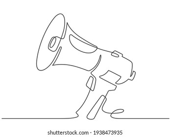 Continuous line megaphone. Marketing promotion banner with loudspeaker or horn speaker. Attention, offer or alert announcement vector symbol