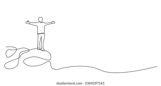 continuous line of men enjoying the natural atmosphere. vector single line of man stretching arms in the open air.isolated white background