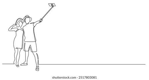 Línea continua de hombres disfrutando de vacaciones y selfie juntos. Un dibujo de línea de hombre y mujer tomando selfie en la atracción turística con selfie stick y cámara de teléfono móvil. Vector de una sola línea