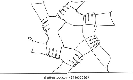 Continuous line of men giving high fives gesture hands to celebrate success. Business teamwork concept.