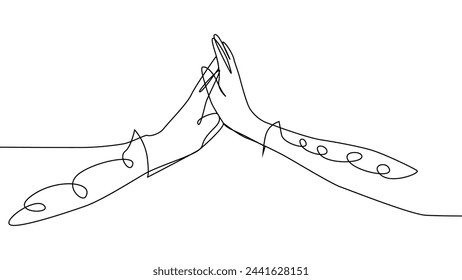 Continuous line of men giving high fives gesture hands to celebrate success. Business teamwork concept.