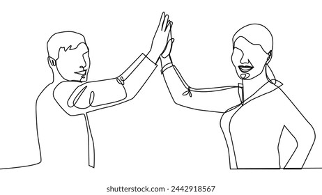 Continuous line of men giving high fives gesture hands to celebrate success. Business teamwork concept.