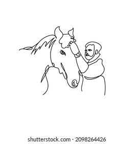 continuous line of men and horses. line art of man stroking the head of a horse