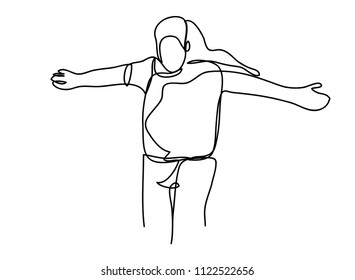Continuous line of men raising hands cheerful happy vector illustration.