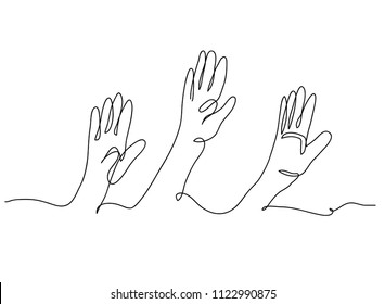 Continuous line of men raising hands cheerful happy vector illustration.