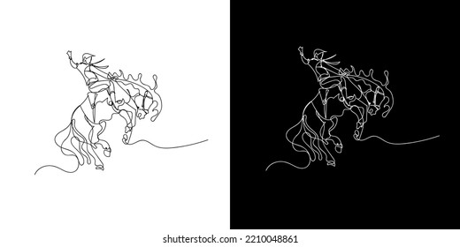 Continuous Line Of Men Riding Wild Horses. Line Drawing Of A Man Riding A Horse In Turmoil