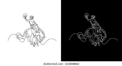 Continuous Line Of Men Riding Wild Horses. Line Drawing Of A Man Riding A Horse In Turmoil