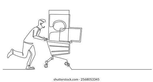 continuous line of men shopping for electronic goods.one line drawing of man running with a trolly carrying electronic tools.single line electronic goods discount.