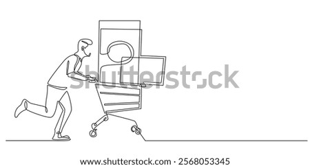 continuous line of men shopping for electronic goods.one line drawing of man running with a trolly carrying electronic tools.single line electronic goods discount.