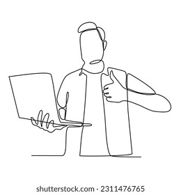 continuous line of men standing holding laptops.
