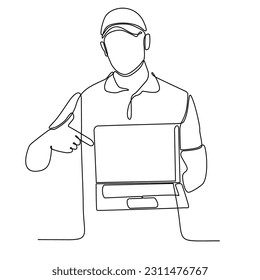 continuous line of men standing holding laptops.