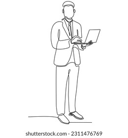 continuous line of men standing holding laptops.