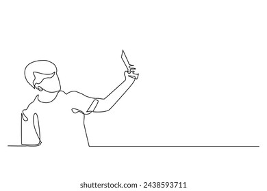 continuous line of men taking selfies.single vector lines of men taking photos of themselves.taking selfies with cellphone cameras.satu gambar garis terisolasi latar belakang putih