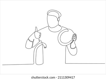 
continuous line of men washing dishes with a thumbs up