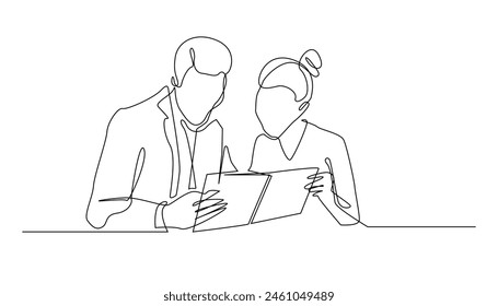 continuous line of men and women choosing a menu in a restaurant. One line drawing of a couple looking at a menu book. Determining the food menu in a restaurant, while eating together.