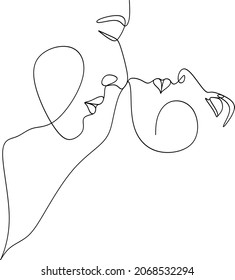 Continuous line of men and women show their love, kiss Valentine's Day Love Thailand vector illustration, hand-drawn lines, simple wedding couples.